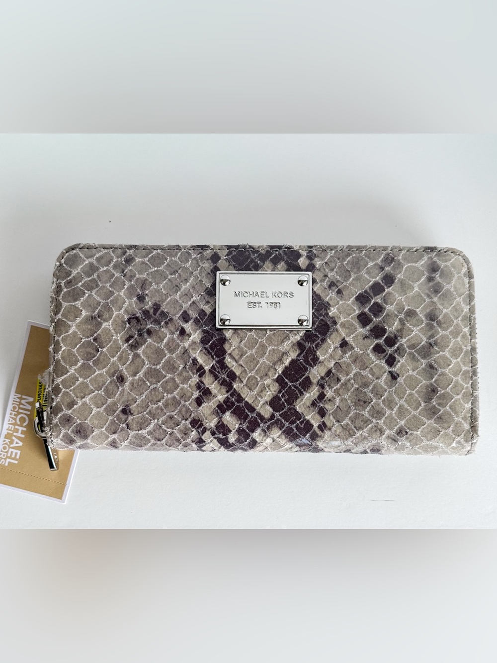 Michael Kors Jet Set Continental Python Embossed Leather Wallet Pearl Gray NWT